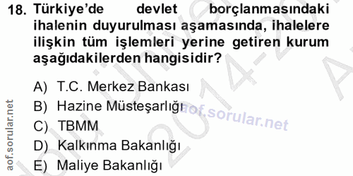 18. soru: Türkiye'de devlet borçlanmasındaki ihalenin duyurulması aşamasında, ihalelere ilişkin tüm işlemleri yerine getiren ku…