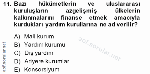 11. soru: Bazı hükümetlerin ve uluslararası kuruluşların azgelişmiş ülkelerin kalkınmalarını finanse etmek amacıyla kurdukları…