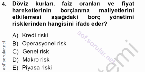 4. soru: Döviz kurları, faiz oranları ve fiyat hareketlerinin borçlanma maliyetlerini etkilemesi aşağıdaki borç yönetimi riskl…