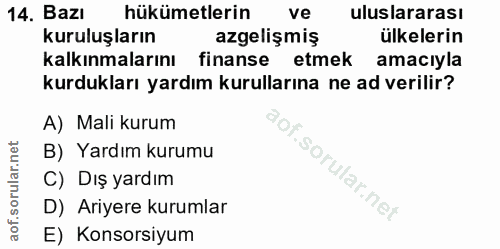 14. soru: Bazı hükümetlerin ve uluslararası kuruluşların azgelişmiş ülkelerin kalkınmalarını finanse etmek amacıyla kurdukları…