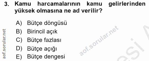 3. soru: Kamu harcamalarının kamu gelirlerinden yüksek olmasına ne ad verilir? A) Bütçe döngüsü B) Birincil açık C) Bütçe fazl…