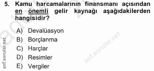 5. soru: Kamu harcamalarının finansmanı açısından en önemli gelir kaynağı aşağıdakilerden hangisidir? A) Devalüasyon B) Borçla…
