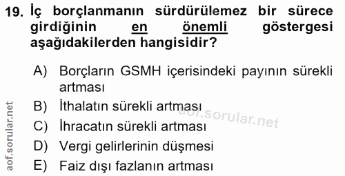 19. soru: İç borçlanmanın sürdürülemez bir sürece girdiğinin en önemli göstergesi aşağıdakilerden hangisidir? A) Borçların GSMH…