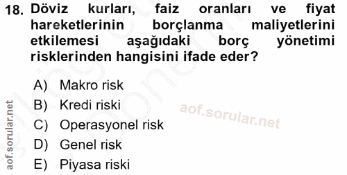 18. soru: Döviz kurları, faiz oranları ve fiyat hareketlerinin borçlanma maliyetlerini etkilemesi aşağıdaki bors yönetimi riskl…