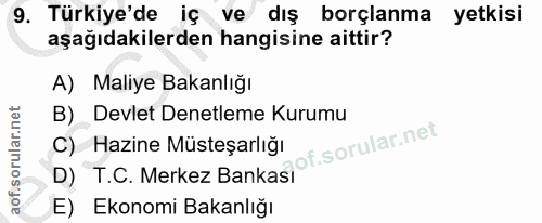 9. soru: Türkiye'de iç ve dış borçlanma yetkisi aşağıdakilerden hangisine aittir? A) Maliye Bakanlığı B) Devlet Denetleme Kuru…