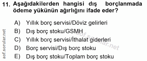 11. soru: Aşağıdakilerden hangisi dış borçlanmada ödeme yükünün ağırlığını ifade eder? A) Yıllık borç servisi/Döviz gelirleri B…
