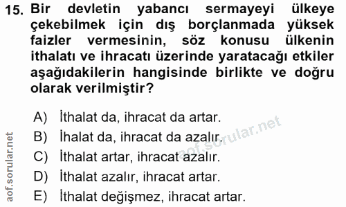 15. soru: Bir devletin yabancı sermayeyi ülkeye çekebilmek için dış borçlanmada yüksek faizler vermesinin, söz konusu ülkenin i…