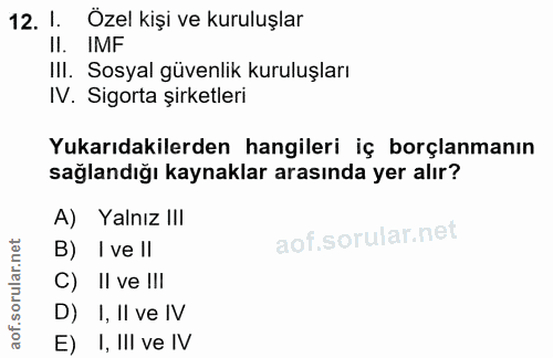 12. soru: 1. Özel kişi ve kuruluşlar II. IMF Ill. Sosyal güvenlik kuruluşları IV. Sigorta şirketleri Yukarıdakilerden hangileri…