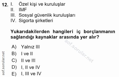 12. soru: 1. Özel kişi ve kuruluşlar II. IMF Ill. Sosyal güvenlik kuruluşları IV. Sigorta şirketleri Yukarıdakilerden hangileri…