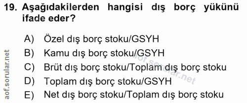 19. soru: Aşağıdakilerden hangisi dış borç yükünü ifade eder? A) Özel dış borç stoku/GSYH B) Kamu dış borç stoku/GSYH C) Brüt d…