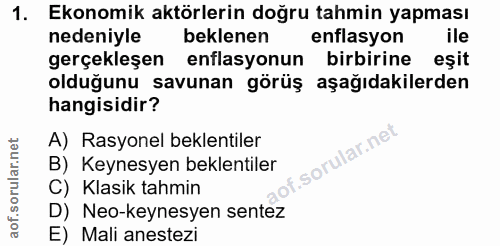 1. soru: Ekonomik aktörlerin doğru tahmin yapması nedeniyle beklenen enflasyon ile gerçekleşen enflasyonun birbirine eşit oldu…