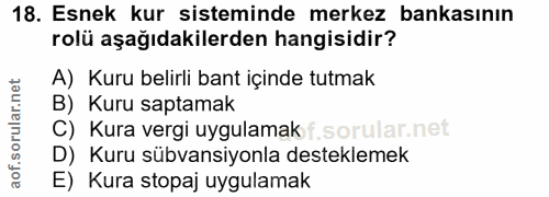 18. soru: Esnek kur sisteminde merkez bankasının rolü aşağıdakilerden hangisidir? A) Kuru belirli bant içinde tutmak B) Kuru sa…