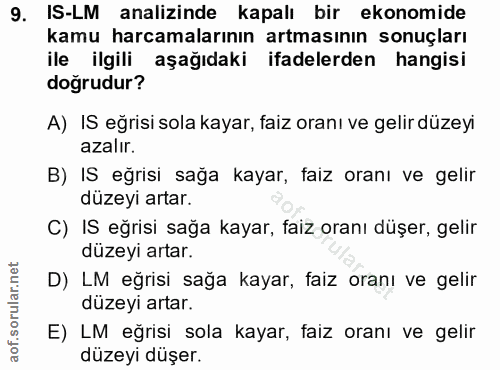9. soru: IS-LM analizinde kapalı bir ekonomide kamu harcamalarının artmasının sonuçları ile ilgili aşağıdaki ifadelerden hangi…