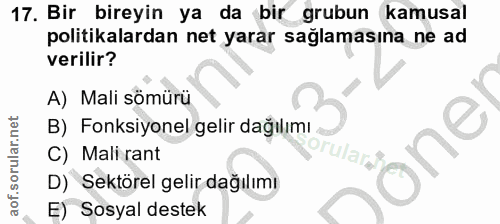 17. soru: Bir bireyin ya da bir grubun kamusal politikalardan net yarar sağlamasına ne ad verilir? A) Mali sömürü B) Fonksiyone…