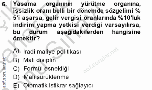 6. soru: Yasama organınin yürütme organina, işsizlik oranı belli bir dönemde sözgelimi % 5'i aşarsa, gelir vergisi oranlarında…
