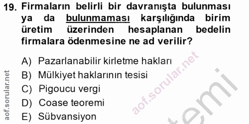 19. soru: Firmaların belirli bir davranışta bulunması ya da bulunmaması karşılığında birim üretim üzerinden hesaplanan bedelin…