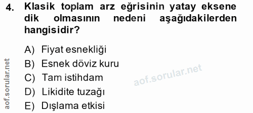 4. soru: Klasik toplam arz eğrisinin yatay eksene dik olmasının nedeni aşağıdakilerden hangisidir? A) Fiyat esnekliği B) Esnek…