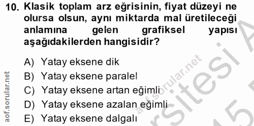 10. soru: Klasik toplam arz eğrisinin, fiyat düzeyi ne olursa olsun, aynı miktarda mal üretileceği anlamına gelen grafiksel yap…