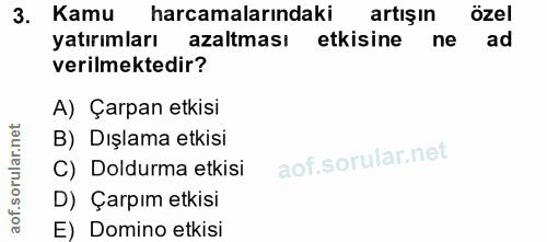 3. soru: Kamu harcamalarındaki artışın özel yatırımları azaltması etkisine ne ad verilmektedir? A) Çarpan etkisi B) Dışlama et…