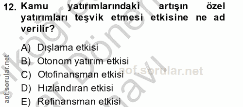12. soru: Kamu yatırımlarındaki artışın özel yatırımları teşvik etmesi etkisine ne ad verilir? A) Dışlama etkisi B). Otonom yat…