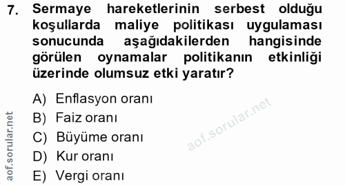 7. soru: Sermaye hareketlerinin serbest olduğu koşullarda maliye politikası uygulaması sonucunda aşağıdakilerden hangisinde gö…