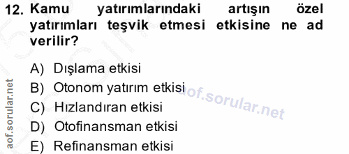 12. soru: Kamu yatırımlarındaki artışın özel yatırımları teşvik etmesi etkisine ne ad verilir? A) Dışlama etkisi C) Hızlandıran…