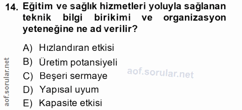 14. soru: Eğitim ve sağlık hizmetleri yoluyla sağlanan teknik bilgi birikimi ve organizasyon yeteneğine ne ad verilir? A) Hızla…