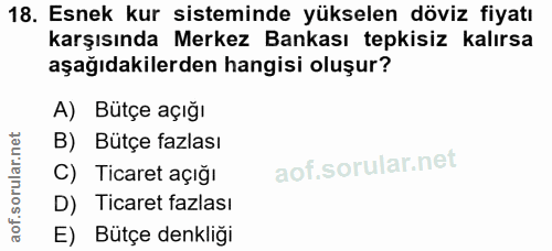 18. soru: Esnek kur sisteminde yükselen döviz fiyatı karşısında Merkez Bankası tepkisiz kalırsa aşağıdakilerden hangisi oluşur?…