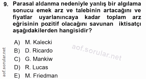 9. soru: Parasal aldanma nedeniyle yanlış bir algılama sonucu emek arz ve talebinin artacağını ve fiyatlar uyarlanıncaya kadar…