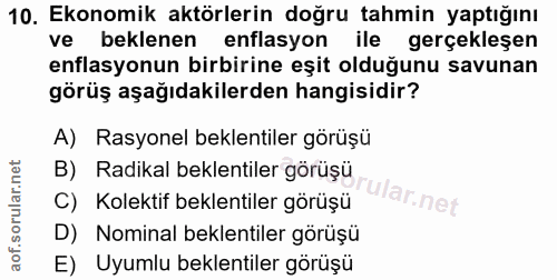 10. soru: Ekonomik aktörlerin doğru tahmin yaptığını ve beklenen enflasyon ile gerçekleşen enflasyonun birbirine eşit olduğunu…