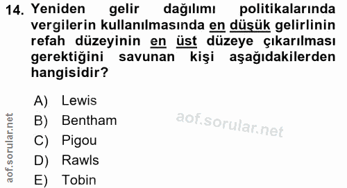 14. soru: Yeniden gelir dağılımı politikalarında vergilerin kullanılmasında en düşük gelirlinin refah düzeyinin en üst düzeye ç…