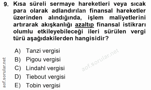 9. soru: Kısa süreli sermaye hareketleri veya sıcak para olarak adlandırılan finansal hareketler üzerinden alındığında, işlem…