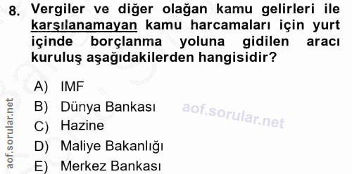 8. soru: Vergiler ve diğer olağan kamu gelirleri ile karşılanamayan kamu harcamaları için yurt içinde borçlanma yoluna gidilen…