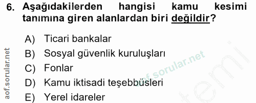 6. soru: Aşağıdakilerden hangisi kamu kesimi tanımına giren alanlardan biri değildir? A) Ticari bankalar B) Sosyal güvenlik ku…