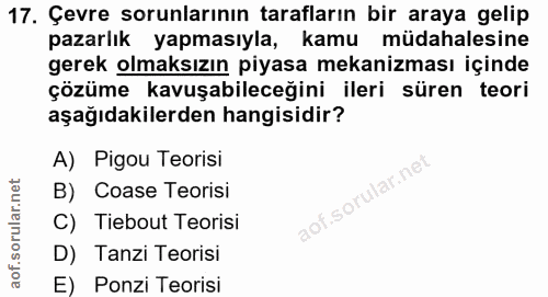 17. soru: Çevre sorunlarının tarafların bir araya gelip pazarlık yapmasıyla, kamu müdahalesine gerek olmaksızın piyasa mekanizm…
