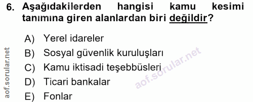 6. soru: Aşağıdakilerden hangisi kamu kesimi tanımına giren alanlardan biri değildir? A) Yerel idareler B) Sosyal güvenlik kur…
