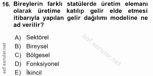 16. soru: Bireylerin farklı statülerde üretim elemanı olarak üretime katılıp gelir elde etmesi itibarıyla yapılan gelir dağılım…