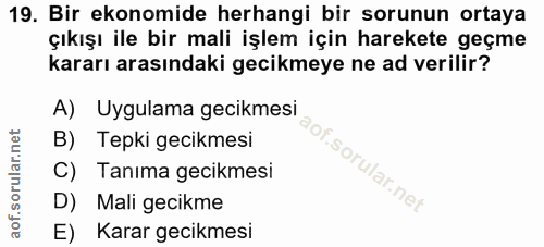 19. soru: Bir ekonomide herhangi bir sorunun ortaya çıkışı ile bir mali işlem için harekete geçme kararı arasındaki gecikmeye n…