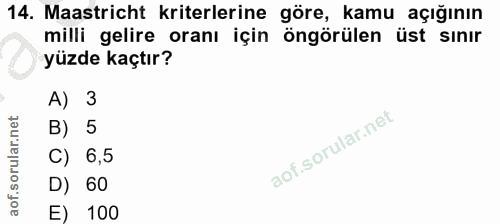 14. soru: Maastricht kriterlerine göre, kamu açığının milli gelire oranı için öngörülen üst sınır yüzde kaçtır? A) 3 B) 5 C) 6,…