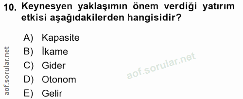 10. soru: Keynesyen yaklaşımın önem verdiği yatırım etkisi aşağıdakilerden hangisidir? A) Kapasite B) İkame C) Gider D) Otonom…