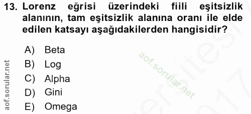 13. soru: Lorenz eğrisi üzerindeki fiili eşitsizlik alanının, tam eşitsizlik alanına oranı ile elde edilen katsayı aşağıdakiler…