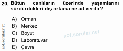 20. soru: Bütün canlilarin üzerinde yaşamlarını sürdürdükleri dış ortama ne ad verilir? A) Orman orular.net B) Merkez C) Boyut…