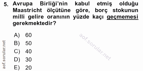 5. soru: Avrupa Birliği'nin kabul etmiş olduğu Maastricht ölçütüne göre, borç stokunun milli gelire oranının yüzde kaçı geçmem…