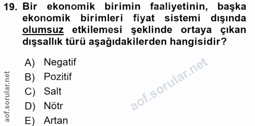 19. soru: Bir ekonomik birimin faaliyetinin, başka ekonomik birimleri fiyat sistemi dışında olumsuz etkilemesi şeklinde ortaya…