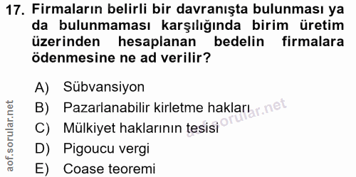 17. soru: Firmaların belirli bir davranışta bulunması ya da bulunmaması karşılığında birim üretim üzerinden hesaplanan bedelin…