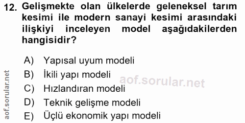 12. soru: Gelişmekte olan ülkelerde geleneksel tarım kesimi ile modern sanayi kesimi arasındaki ilişkiyi inceleyen model aşağıd…