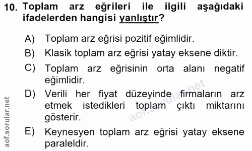 10. soru: Toplam arz eğrileri ile ilgili aşağıdaki ifadelerden hangisi yanlıştır? A) Toplam arz eğrisi pozitif eğimlidir. B) Kl…