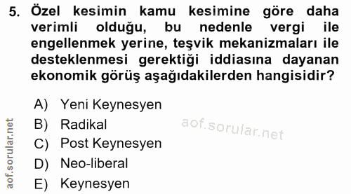 5. soru: Özel kesimin kamu kesimine göre daha verimli olduğu, bu nedenle vergi ile engellenmek yerine, teşvik mekanizmaları il…
