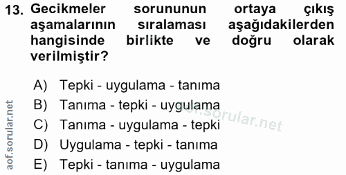 13. soru: Gecikmeler sorununun ortaya çıkış aşamalarının sıralaması aşağıdakilerden hangisinde birlikte ve doğru olarak verilmi…