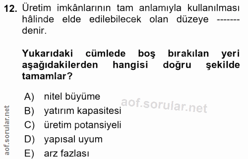 12. soru: Uretim imkânlarının tam anlamıyla kullanılması hâlinde elde edilebilecek olan düzeye -- denir. Yukarıdaki cümlede boş…